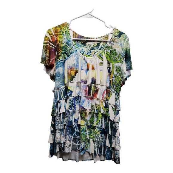 🌿 Green Tropical Tiered Jersey Blouse -‎ Size M | Slinky & Stretchy - Picture 7 of 7